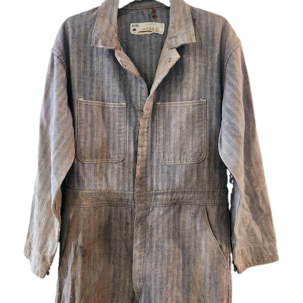 70s RED KAP CC14 Thrashed Distressed Workwear Coveralls Fisher Herringbone USA